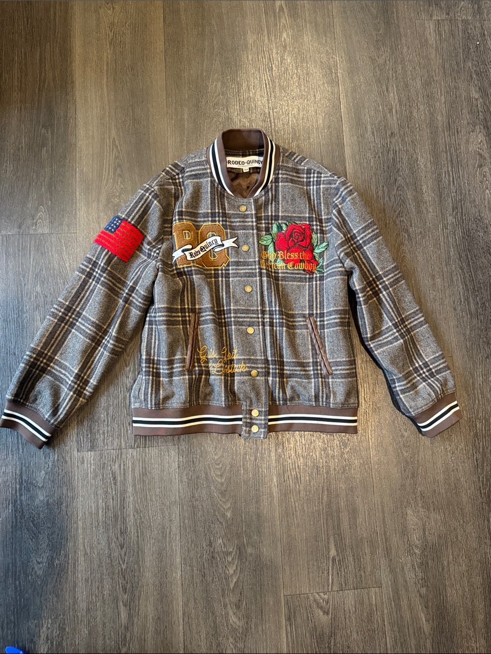 Rodeo Quincy Plaid Bomber Jacket with Embroidered Patches - Brown